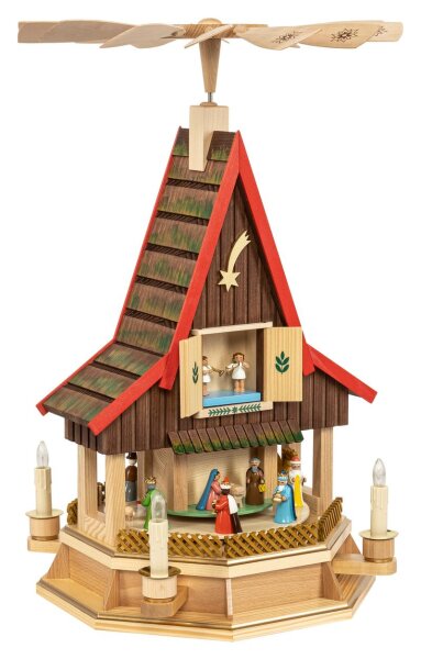 Richard Glässer - Pyramide Adventshaus Christi Geburt bunt, elektrisch beleuchet und betrieben
