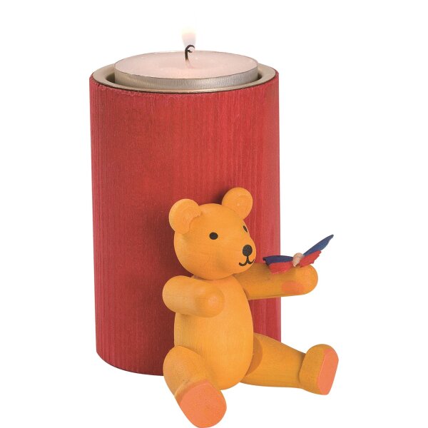Richard Glässer - Stumpenkerze rot mit Teddy groß gelb mit Schmetterling