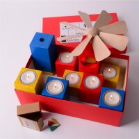 KLEINVIEH - Lichtelbaukasten mit Pyramide & "Räucherdings" -  Fichte Blau-Gelb-Rot