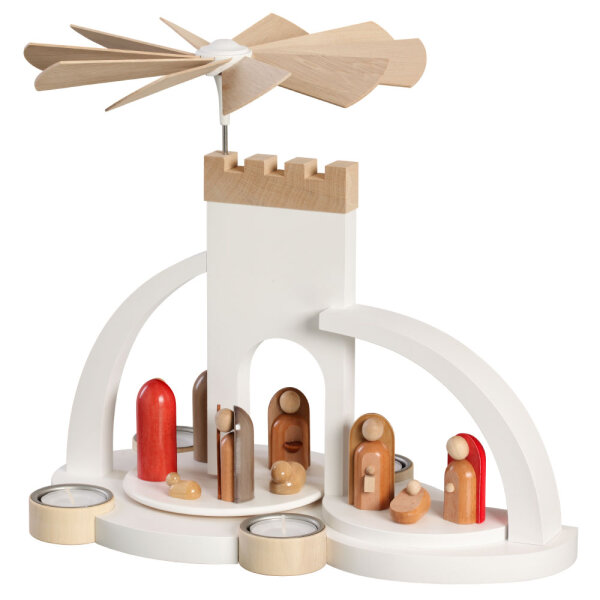 Frank Weber - Bügelpyramide mit Christi Geburt modern, weiß Teelicht 29 cm